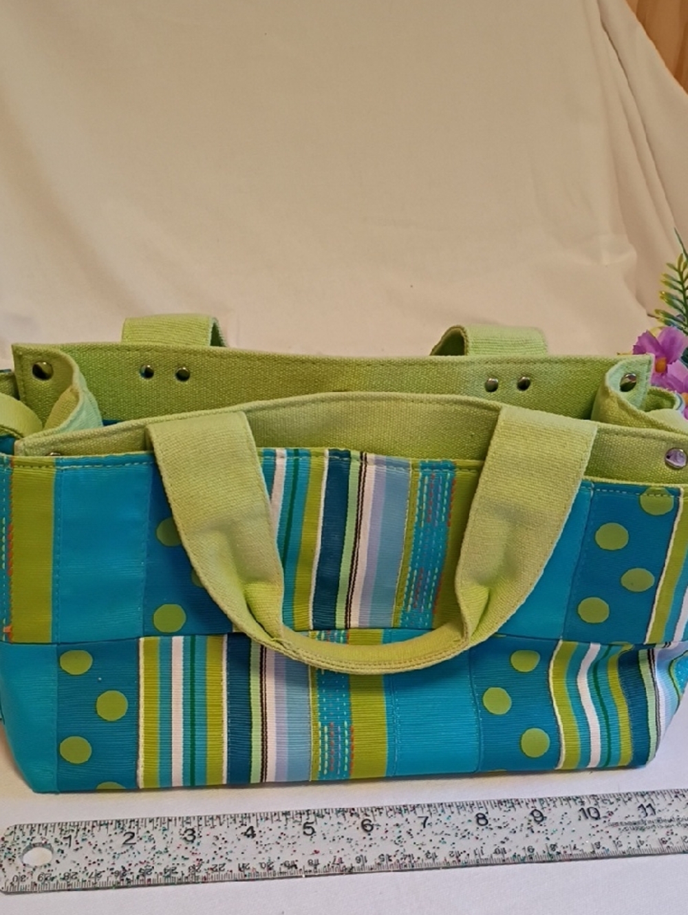 Tiannl Teal and Lime Canvas Stripe & Dot Tote